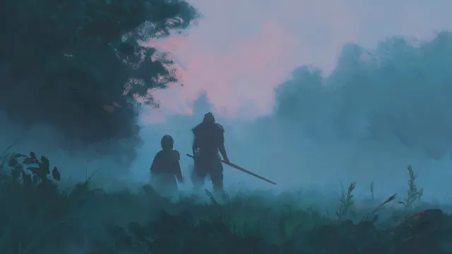 Warrior And Squire Misty Forest wallpaper on Pixipics