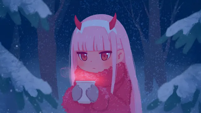 Zero Two Holding Steaming Cup In Winter Forest wallpaper on Pixipics