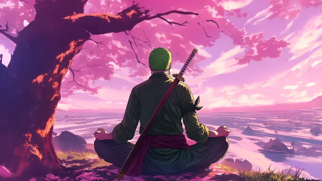 Zoro Meditating Sakura Blossoms wallpaper on Pixipics