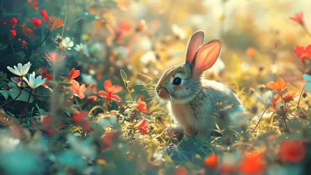 Bunny In Forest Flowers Realistic wallpaper from Pixipics