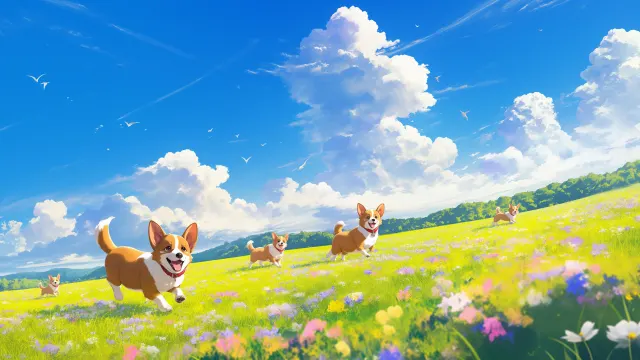 Corgis Meadow Sunny Day Happy Dogs wallpaper from Pixipics