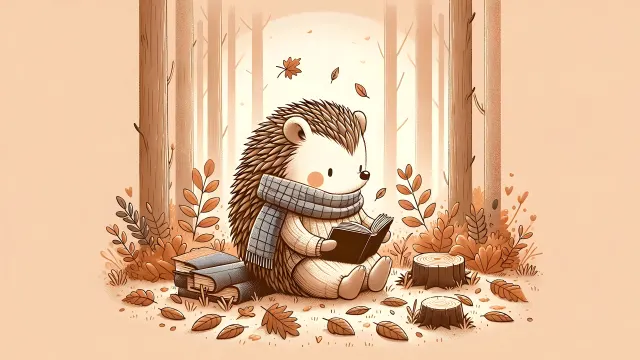 Cute Hedgehog Reading Books In Forest Beige wallpaper on Pixipics