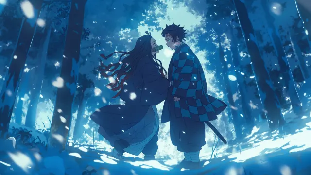 Demon Slayer Tanjiro Nezuko Snowy Forest wallpaper on Pixipics
