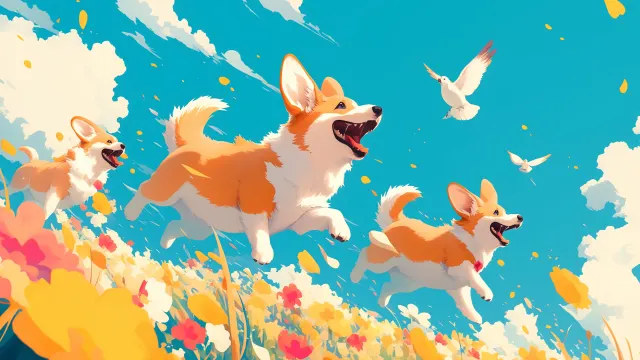 Happy Corgis In Flower Field wallpaper from Pixipics
