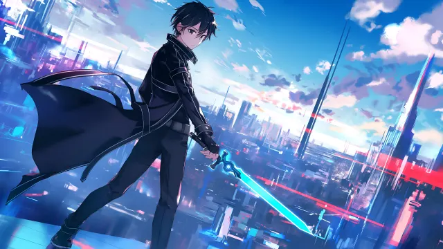 Kirito Blue Sword Futuristic Skyline wallpaper on Pixipics