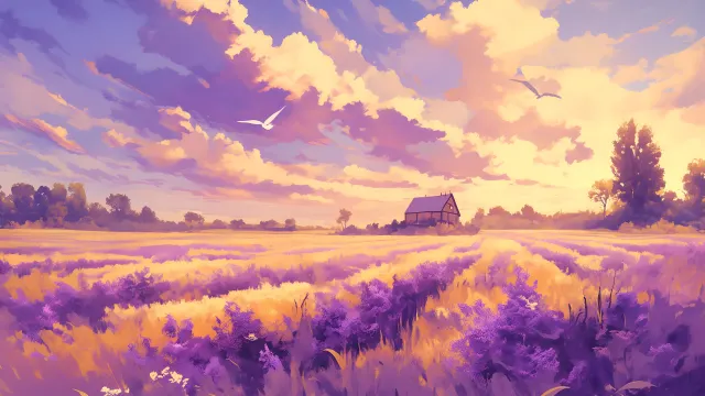 Lavender Fields Sunset Cottage wallpaper from Pixipics