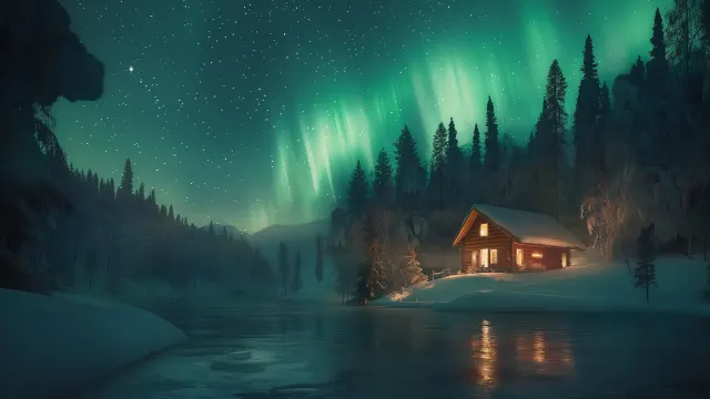 Northern Lights Cabin Winter Sky wallpaper on Pixipics