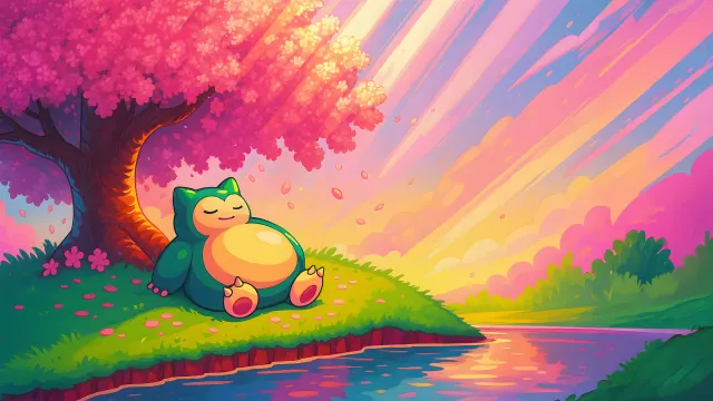 Snorlax Under Sakura Sunset wallpaper on Pixipics