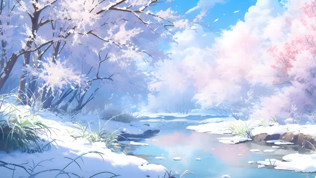 Snow Covered Forest River wallpaper on Pixipics