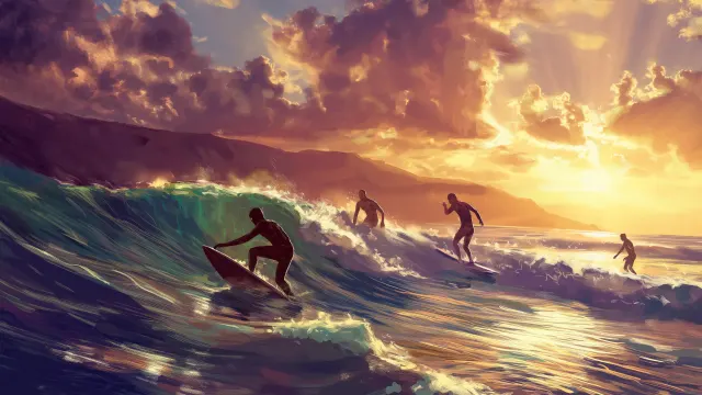Surfing Sunset Wave Ride wallpaper on Pixipics