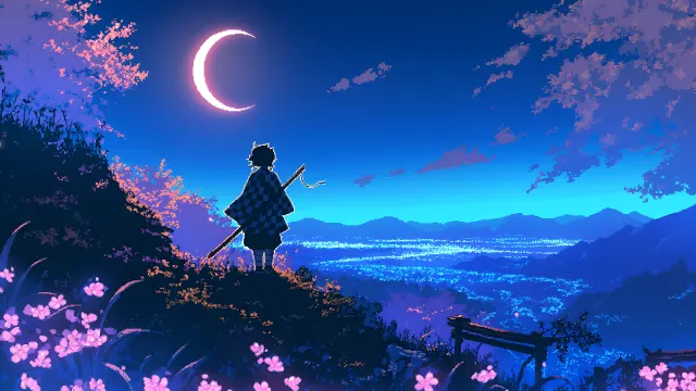 Tanjiro Moonlit Valley Pixel Art wallpaper on Pixipics