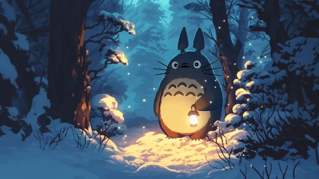 Totoro Holding A Lantern In The Snow wallpaper on Pixipics