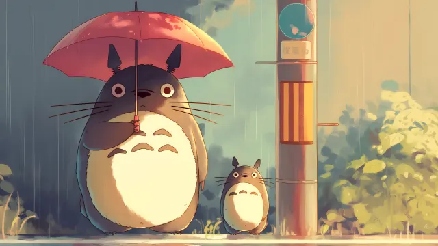 Totoro Umbrella Rainy Bus Stop wallpaper on Pixipics