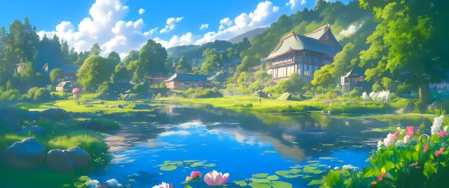 Tranquil Japanese Village Ghibli Ultra wallpaper on Pixipics