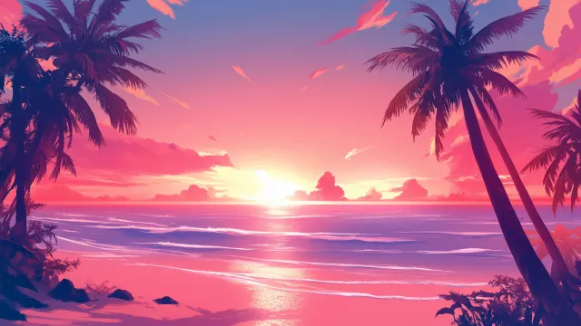 Tropical Beach Sunset With Pink Sky wallpaper on Pixipics