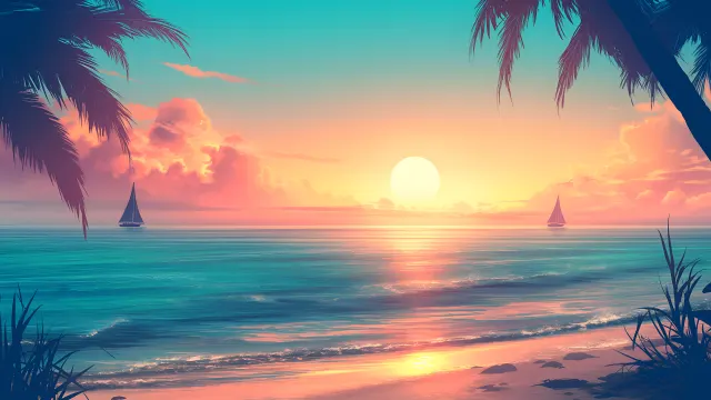 Tropical Sunset Beach Palm Trees Dreamy wallpaper on Pixipics