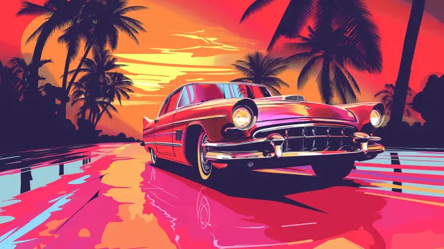 Tropical Sunset Retro Car wallpaper on Pixipics