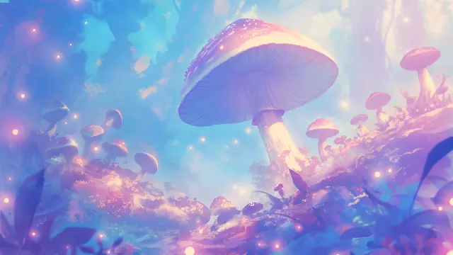 Whimsical Mushroom Landscape Sparkling Lights wallpaper on Pixipics