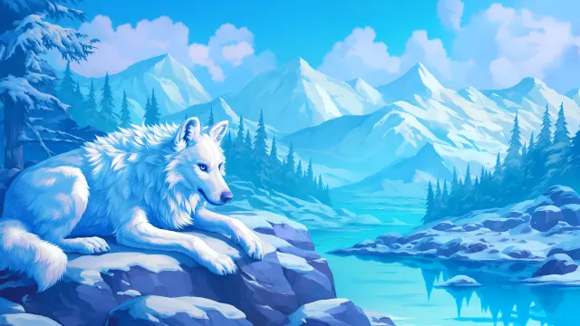 White Wolf Snowy Mountain Scene wallpaper on Pixipics