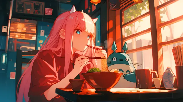 Zero Two Enjoying Ramen With Totoro wallpaper on Pixipics