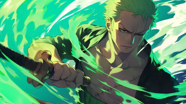 Zoro Green Flame Sword Strike Epic Anime Style wallpaper on Pixipics