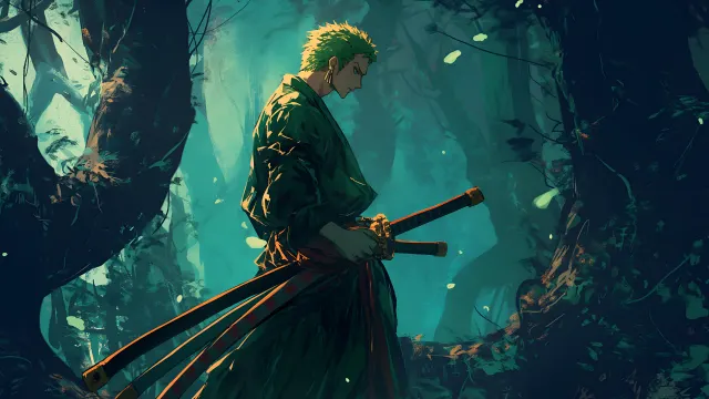 Zoro One Piece Forest Night Scene wallpaper on Pixipics