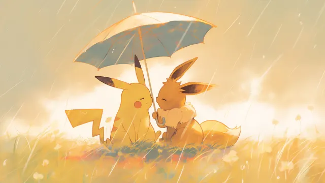 Pikachu Eevee Rainy Umbrella wallpaper on Pixipics