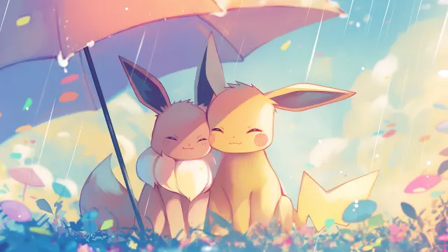 Pikachu Eevee Sitting Under Umbrella Rainy wallpaper on Pixipics