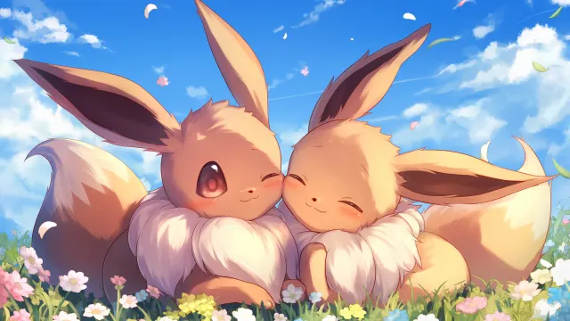 Two Eevees In Flower Field wallpaper on Pixipics