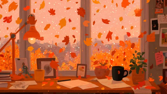 Autumn Leaves Falling On Desk wallpaper on Pixipics