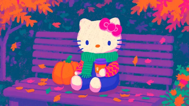 Hello Kitty Cozy Autumn Bench Sit wallpaper on Pixipics