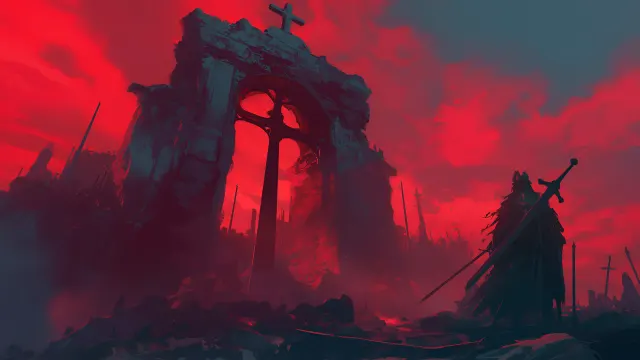 Dark Fantasy Knight Ruins Red Sky wallpaper on Pixipics