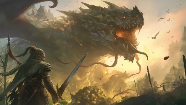 Fantasy Dragon Knight Showdown wallpaper on Pixipics