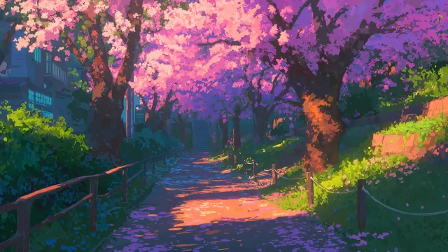 Anime Cherry Blossom Park Path wallpaper on Pixipics