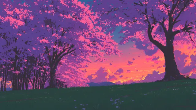 Cherry Blossom Pathway In A Serene Field wallpaper on Pixipics