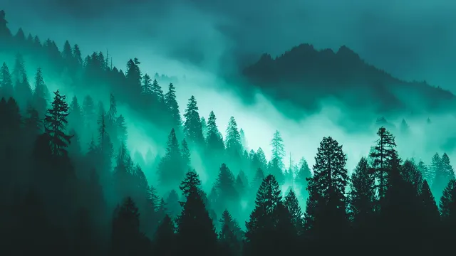 Eerie Teal Forest Foggy Pine Trees Dark Woods wallpaper on Pixipics
