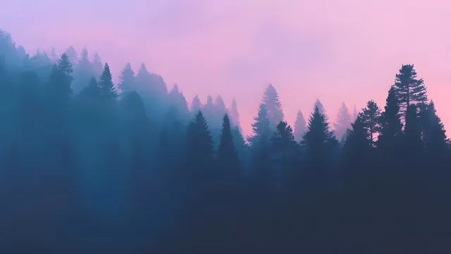Misty Forest Pink Blue Minimal Landscape wallpaper on Pixipics