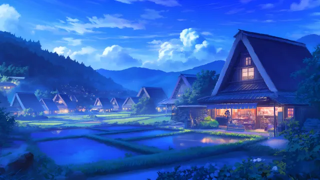 Ghibli Inspired Night Village wallpaper on Pixipics