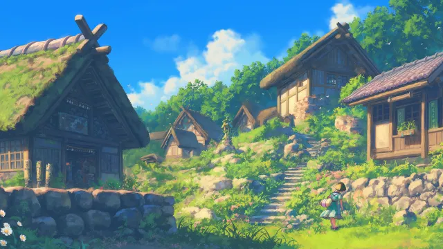 Girl Exploring Village Ghibli wallpaper on Pixipics
