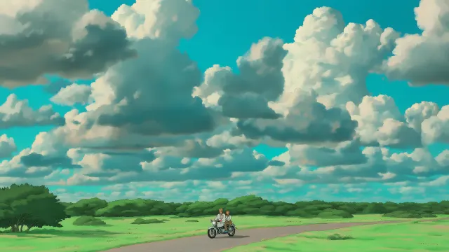 Studio Ghibli Style Couple On Motorcycle wallpaper on Pixipics