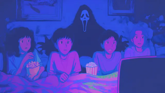 Anime Teenagers Movie Night Watching Ghostface wallpaper on Pixipics