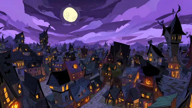 Town Under A Full Moon With Glowing Windows wallpaper on Pixipics
