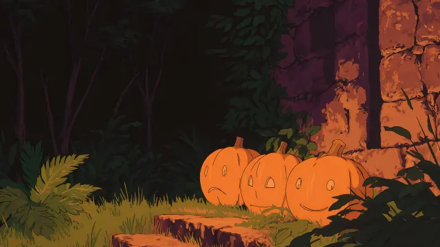 Ghibli Style Halloween Night Three Jack O Lanterns wallpaper on Pixipics