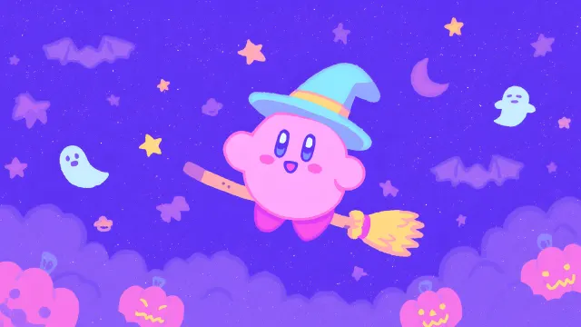 Kirby Chibi Flying With Ghosts Pumpkins Spooky wallpaper on Pixipics