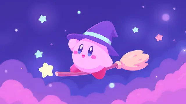 Kirby Chibi Witch Broomstick Pixel Art wallpaper on Pixipics