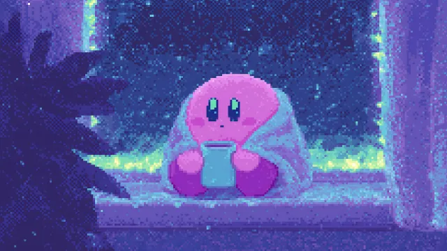 Kirby Pixel Lofi Windowsill Hot Mug wallpaper on Pixipics