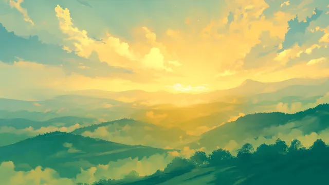 Spring Sunrise Mountains Green Hills wallpaper on Pixipics