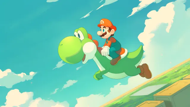 Mario Riding Yoshi Floating Island wallpaper on Pixipics