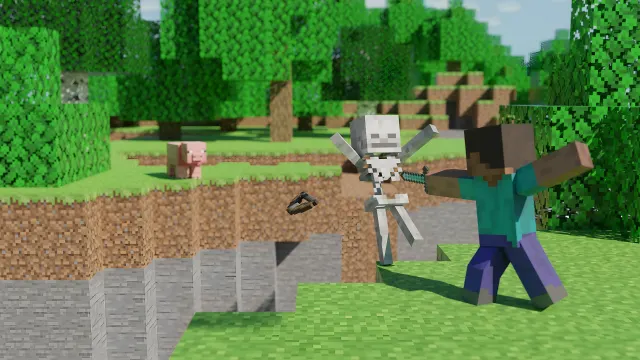 Minecraft Steve Fighting Skeleton Cliff wallpaper on Pixipics