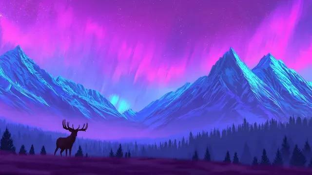 Northern Lights Purple Aurora Mountains Deer wallpaper on Pixipics